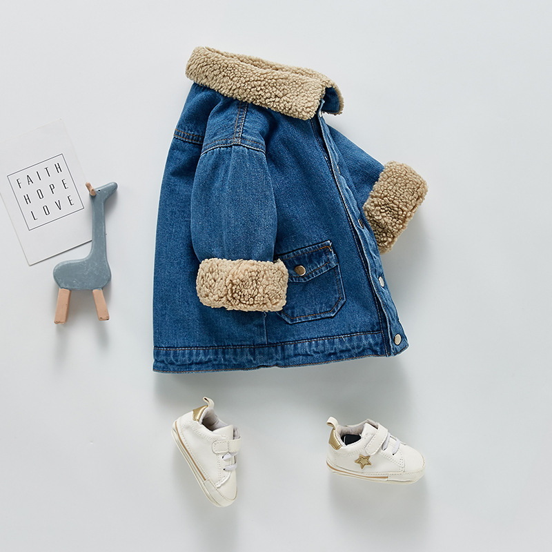 Winter Jas Voor Baby Meisjes Jongens Turn-Down Kraag Fleece Warm Denim Jacket Lange Mouwen Dikke Uitloper Warm kleding E1409