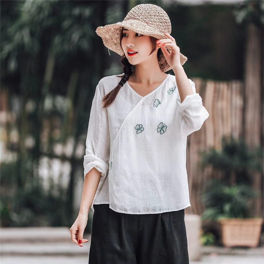 Tops de estilo chino tradicional para mujer, ropa de talla única de lino de Color sólido, camiseta de manga larga con escote en V fino estampado, novedad de: Color1