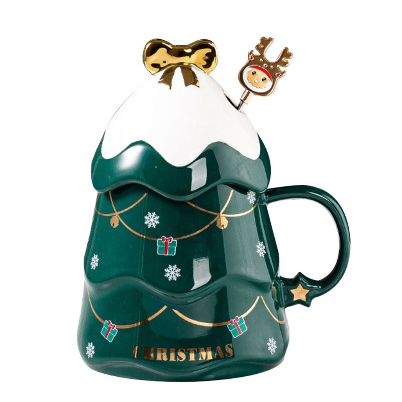 500ML Christmas Tree Shaped Tea Cups Milk Mugs Coffee Cups with Lids Funny Mugs Ceramic Material Cups 4 Colors to Choose