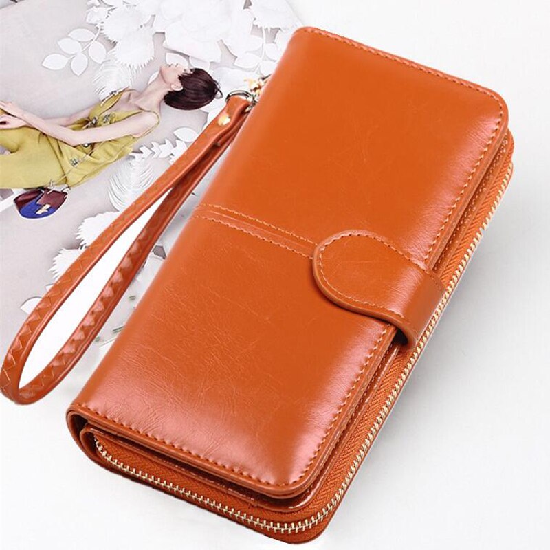 Leather Women Long Zipper Oil Wax Wallet Big Capacity Hasp Zipper Purse Ladies Long Wristlet Clutch Coin Card Holders Portomonee: brown