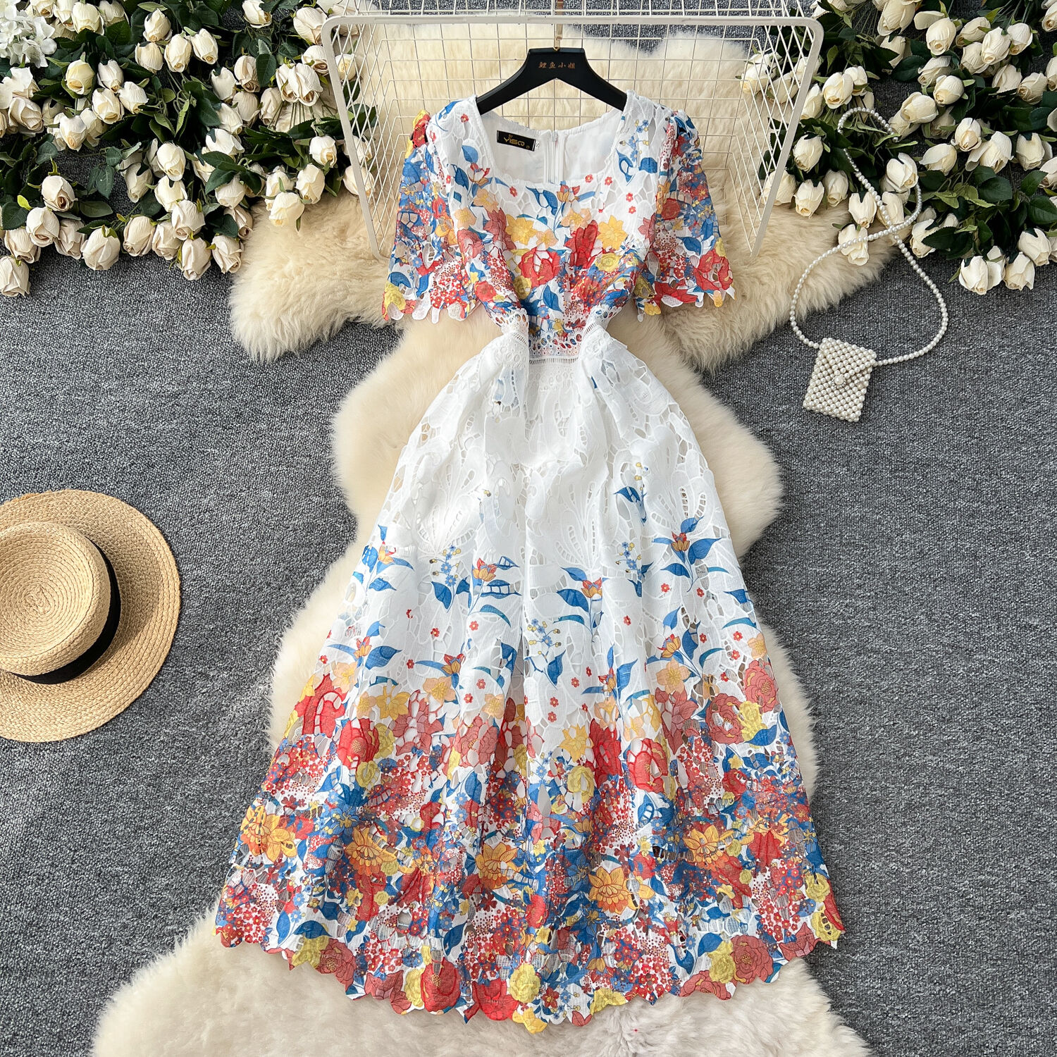Blomsterbroderi udhulet blonde aftenkjoler kvinder sommer korte ærmer prinsesse retro midi lang festkjole gradient: Xxl / Gul