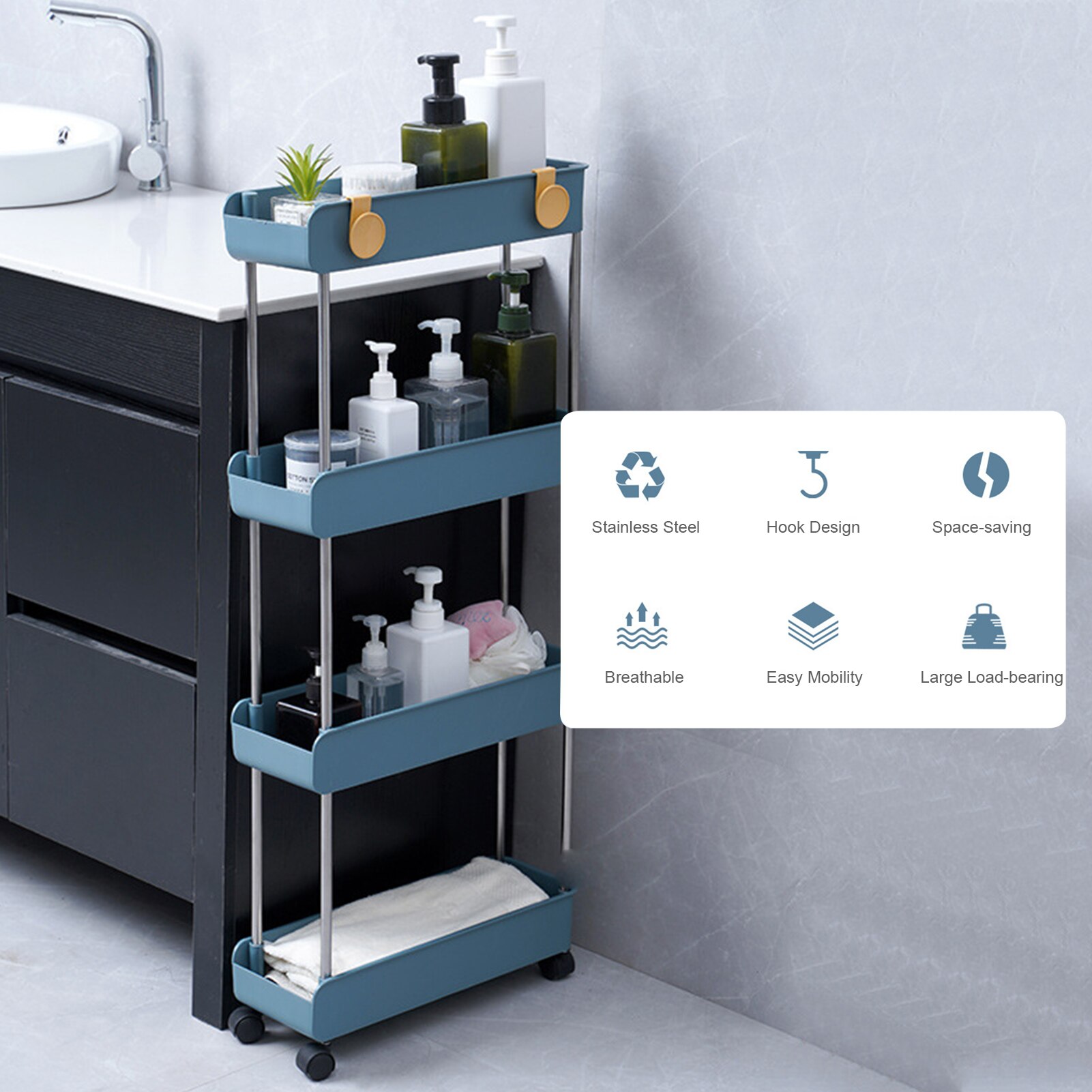 Kitchen Trolley 3/4 Tier bedroom snacks Cart Bathroom Storage Rack with Wheels Househlod Standing Shelf Service Cart