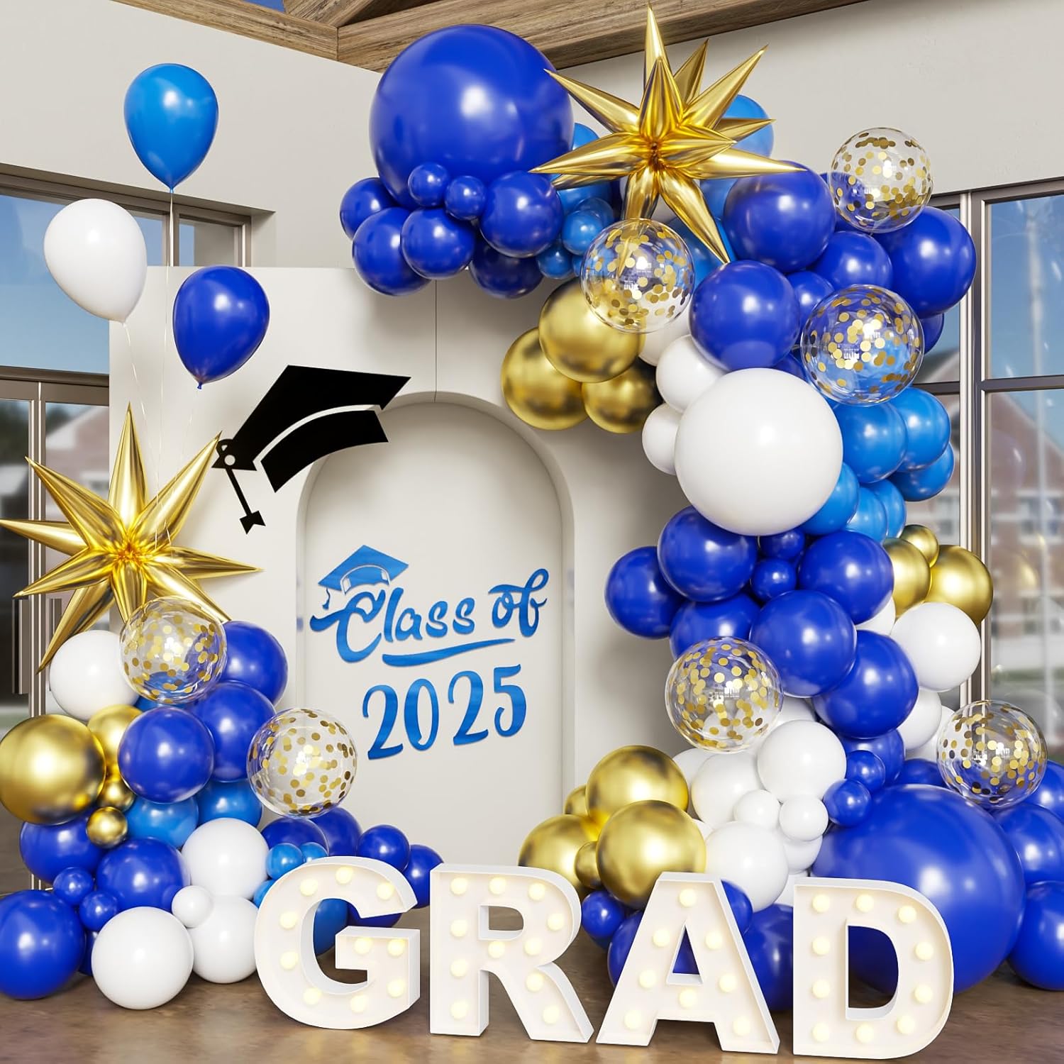 El juego de arco de globos de graduación incluye decoraciones de arco de globos azul, blanco y dorado, adecuadas para decoraciones de clase de 2025