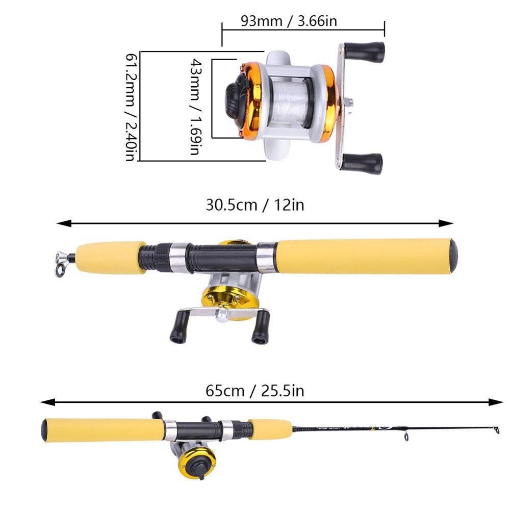 Bærbart fiskesæt guld / blå fiskerulle +55/65/75cm teleskopisk fiskestang lysende rejesæt udendørs grej tilbehør: Guldrulle 65cm stang