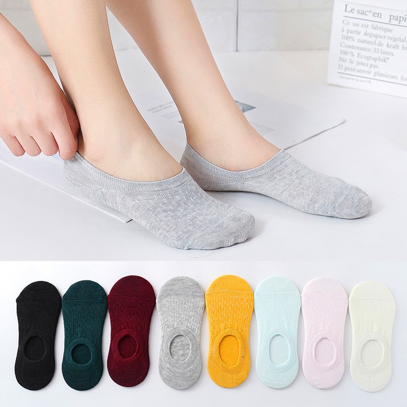10 Pieces 5 Pairs Women Sock Slippers Set Solid Color Invisible Boat Socks Breathable Non-slip Silicone No Show Short Ankle Sock