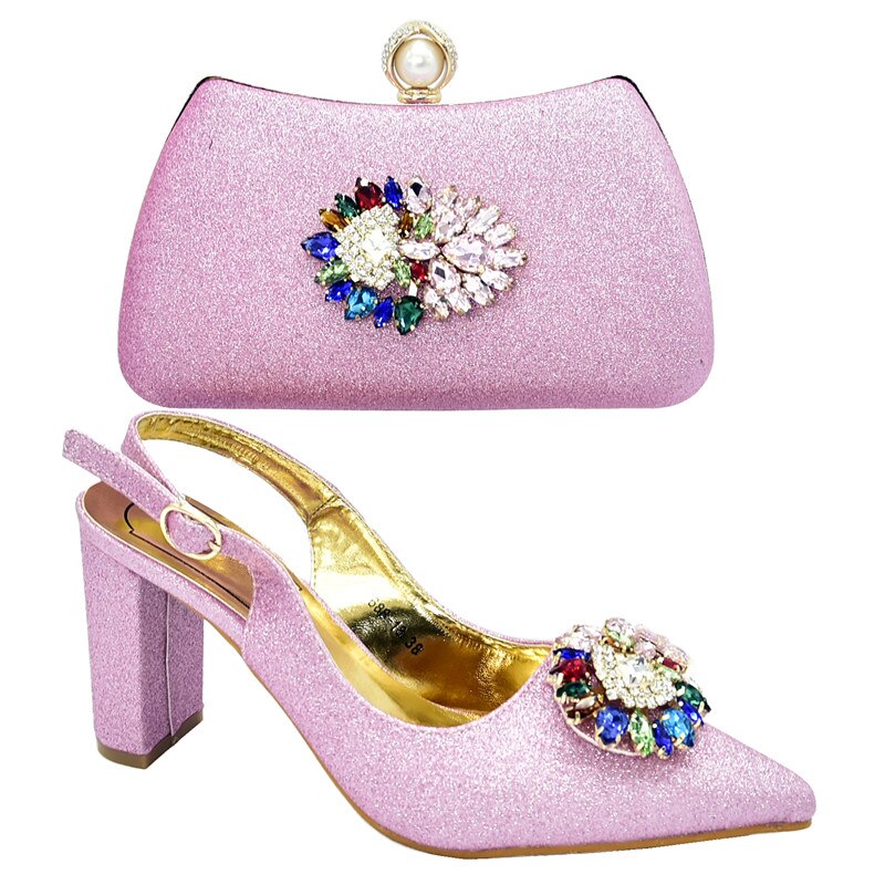 Ladies Italian Shoes and Bag Set Decorated with Rhinestone Italian Shoes and Bags Set Envio Gratis Matching Shoes and Bag Set: Pink / 8.5
