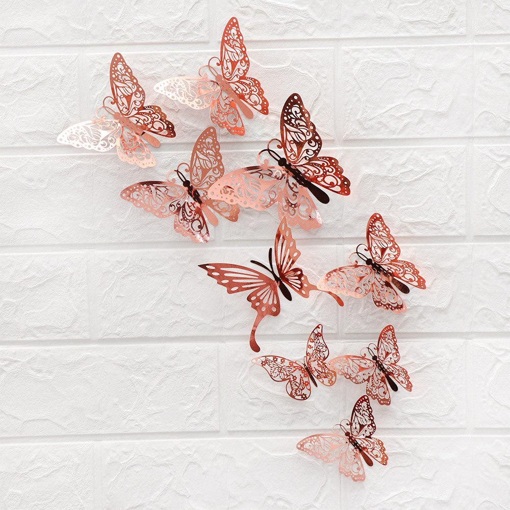 12 Stks/pak 3D Hollow Vlinder Muurstickers Diy Metalen Textuur Goud Zilver Rosegoud Mariposas Decals Feestartikelen Home Decor