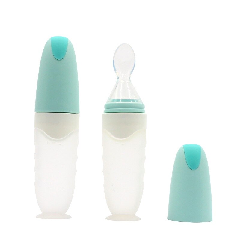 Biberones de alimentación con ventosa para bebé, botellas de alimentación de silicona para niños pequeños, de entrenamiento, cuchara, 90ML: Green