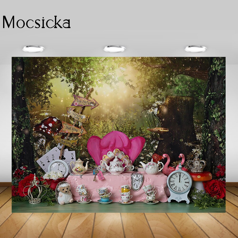Sprookje Prinses Een Verjaardagstaart Smash Achtergrond Alice Wonderland Thee Party Achtergrond Fotografie Dromerige Bos Photocall