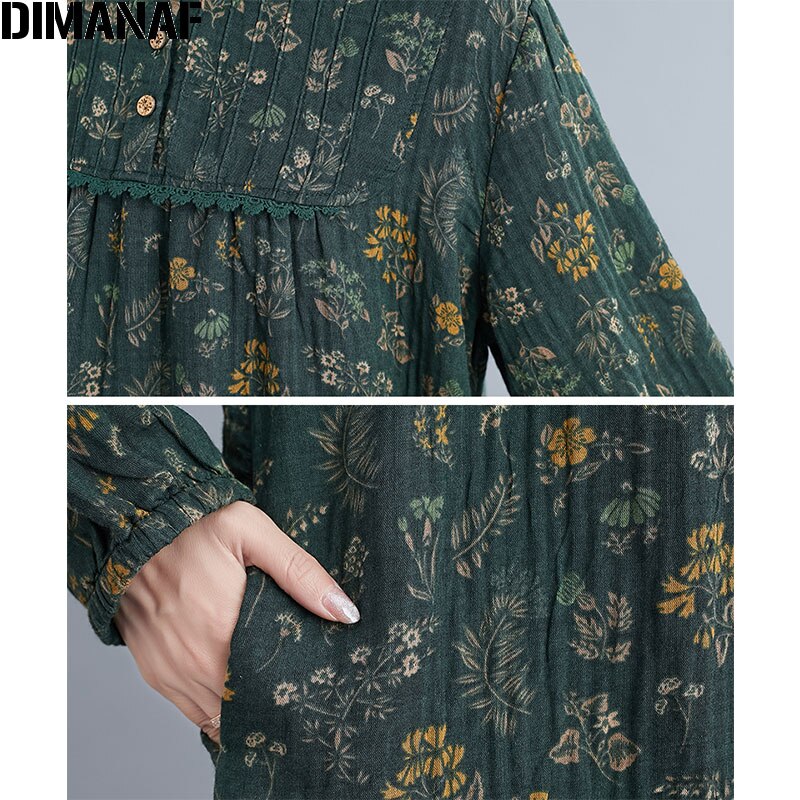 Dimanaf plus size kjole kvinner blomstertrykt volang skjøtet blondeknapp bluse kvinnelig casual stil vintage sundress