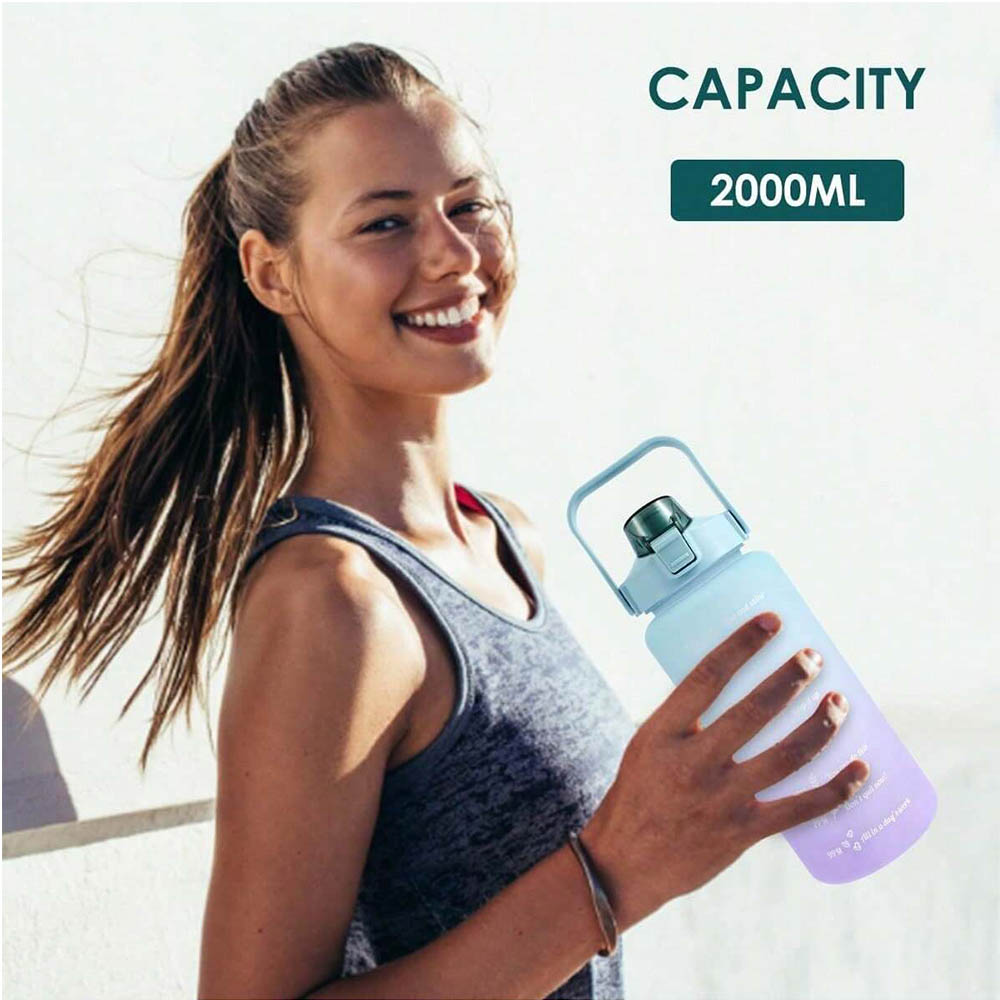 Botella de agua de 2L, botella de agua motivacional con marcador de tiempo y capacidad, taza de agua deportiva sin BPA, Fitness, gimnasio, ejercicio para correr