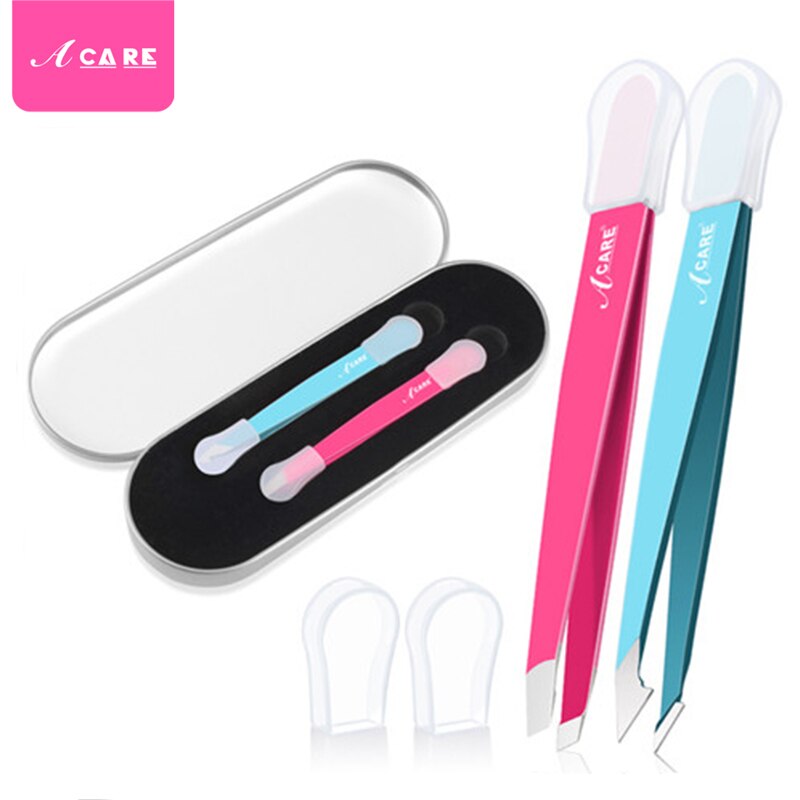 2 Stuks Wenkbrauw Pincet Brood Rvs Professionele Platte Tip Schuine Tip Eye Brow Remover Gezicht Haar Makeup Beauty Tools: Pink Blue with Box