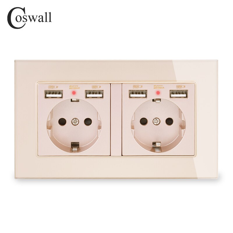 cosmall, 2 grupos, enchufe de pared estándar de la UE de Rusia, España con 4 puertos de carga USB, Panel de cristal con indicador LED suave oculto: Gold