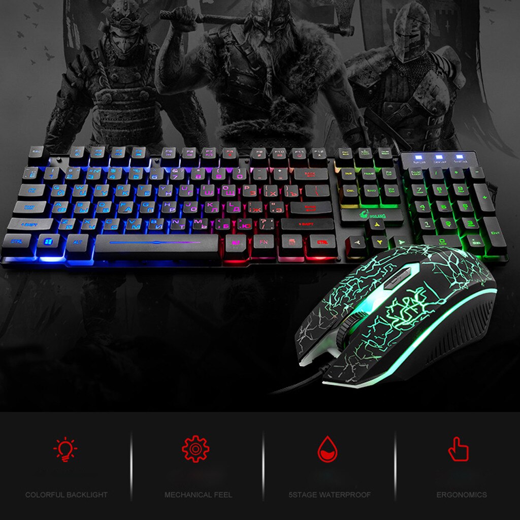 Wired Gaming 104 Keyboard T5 Rainbow Backlight Usb Ergonomic Gaming English Russian Keyboard And Mouse Set for PC Laptop
