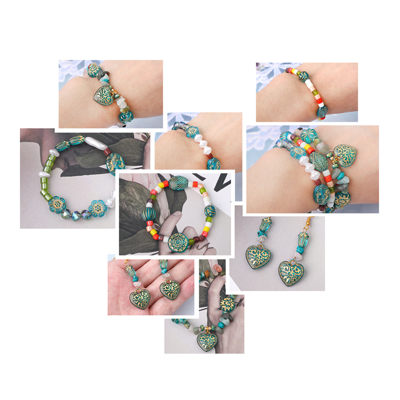 15-80 Uds. Exquisitos dijes acrílicos dorados con dibujo de corazón y flores, cuentas barrocas de Color esmeralda para collar, pulsera, fabricación de joyas DIY