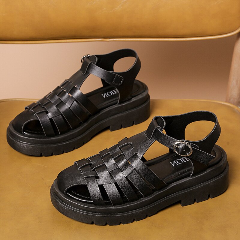Vrouwen Sandalen Zomer Platte Platform Weave Sandaal Chunky Bodem Leer Mode Vrouwelijke Slippers Gesp Dames Schoenen: Black / 39