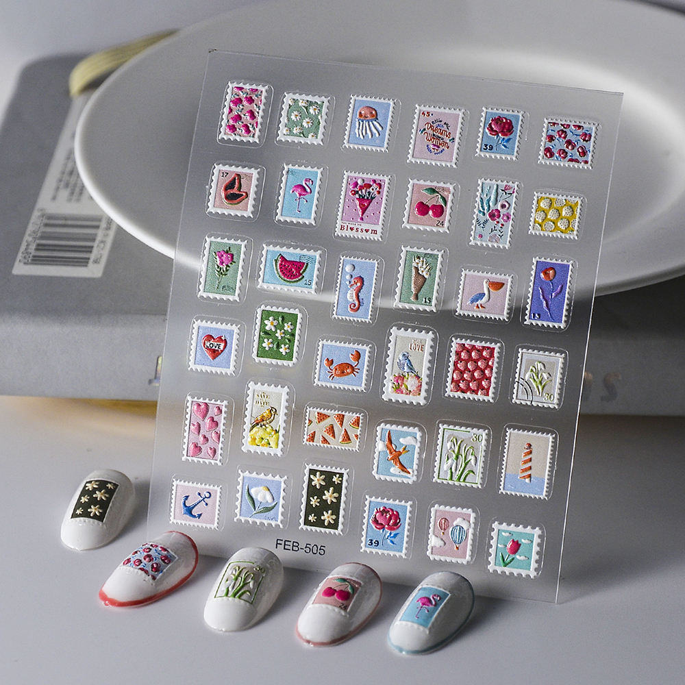 Autocollant pour ongles, de timbres post-poste, curseur adhésif, fournitures de décoration texturées gravées, FEB-505