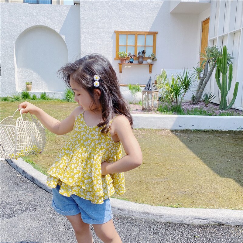 Wlg piger bluse børn sommer blomsterprint gul strop skjorter baby pige søde toppe til 1-6 år