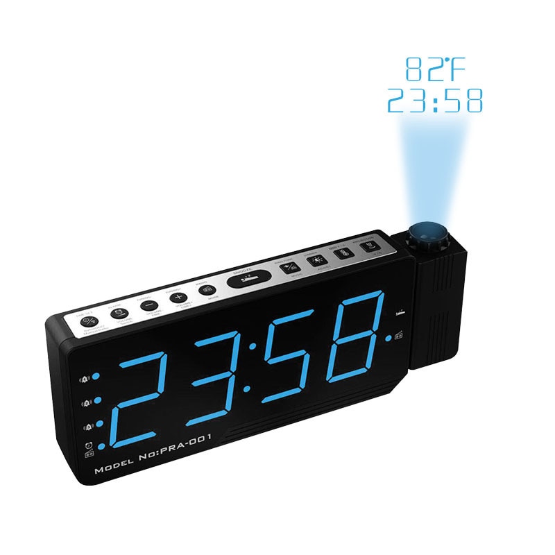 Digital Radio Alarm Clock Projection Snooze Timer Temperature LED Display USB Charge Cable 110 Degree Table Wall FM Radio Clock