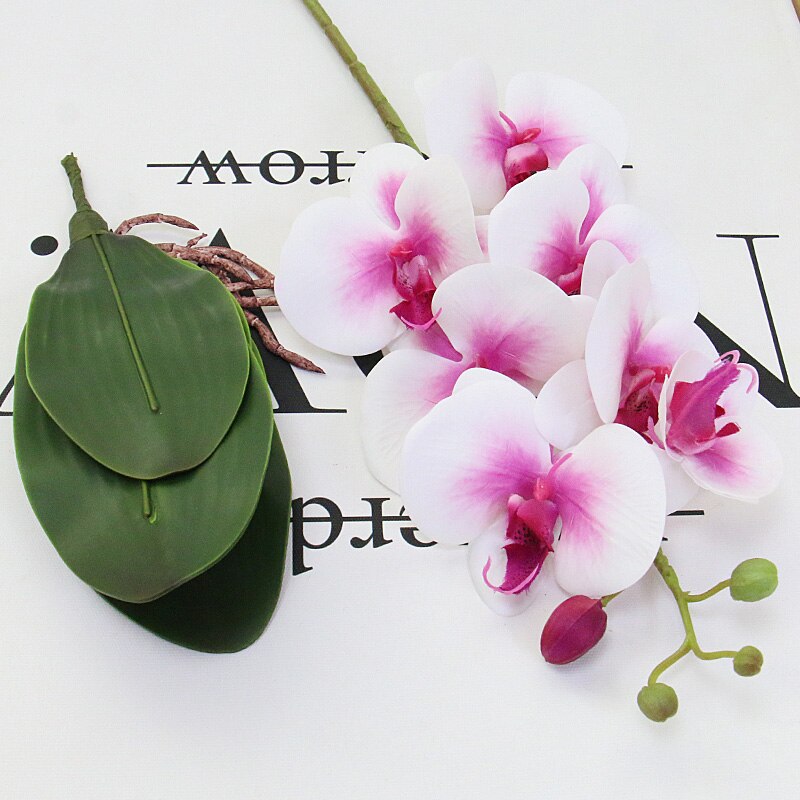 Kunstig orkidé phalaenopsis med stort blad pu ægte berøring blomst håndføler pottemager planter bryllupsindretning hjemmebord tilbehør: Lilla hjerte