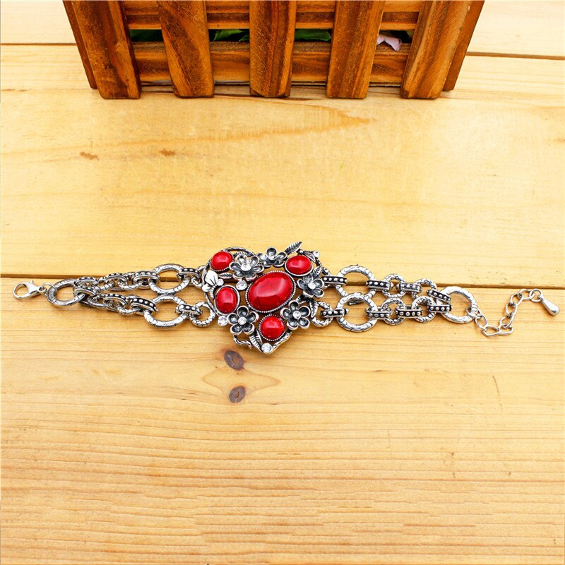 Holle Bloem Hartvorm Blauw Rode Steen Armband Voor Vrouwen Antieke Verzilverd Lock Mode-sieraden TB170