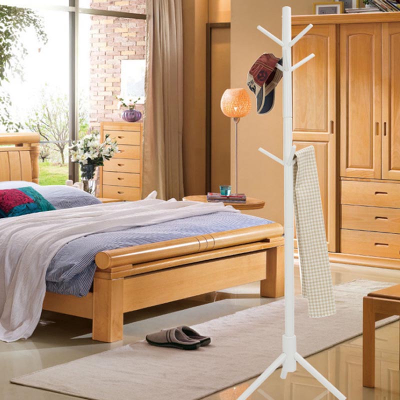 Massivt træ bøjle gulvstående frakke rack hjem møbler tøj hængende opbevaring rack træ bøjle soveværelse tørrestativ: Hvid