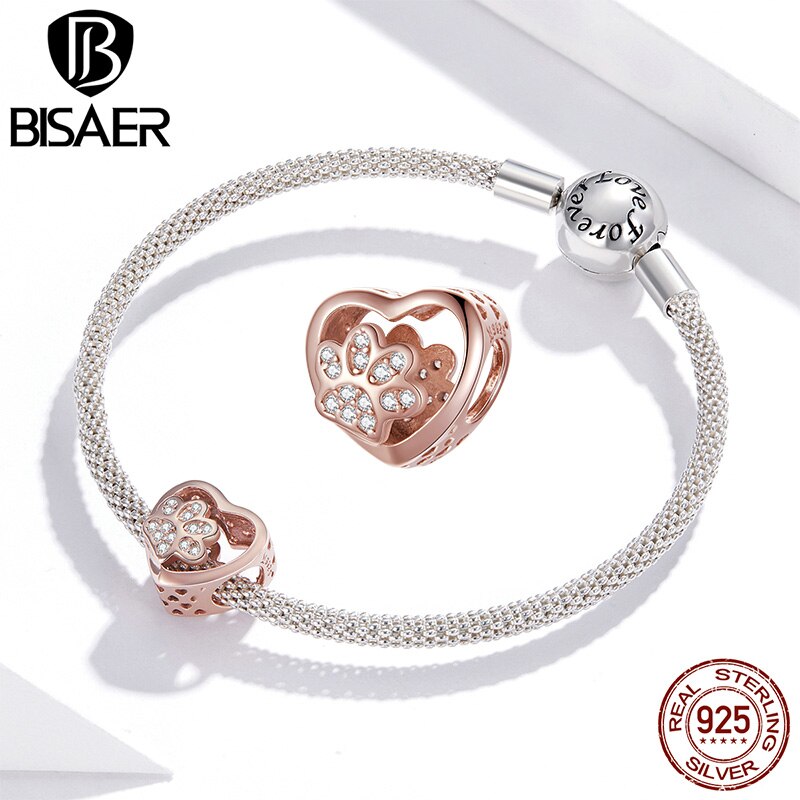 BISAER Dier Liefde Kralen 925 Sterling Zilver Hond Kat Voetafdrukken Charms fit Roze Zirkoon Armbanden DIY Sieraden Maken ECC1191