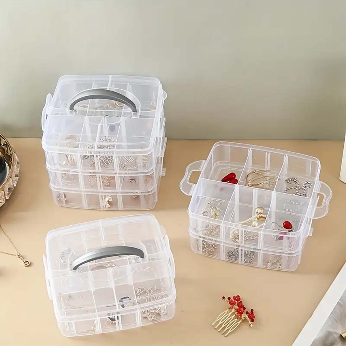 Caja organizadora de almacenamiento apilable de 3 niveles con 18 compartimentos ajustables, contenedor de plástico transparente con cierre a presión para juguetes, joyas