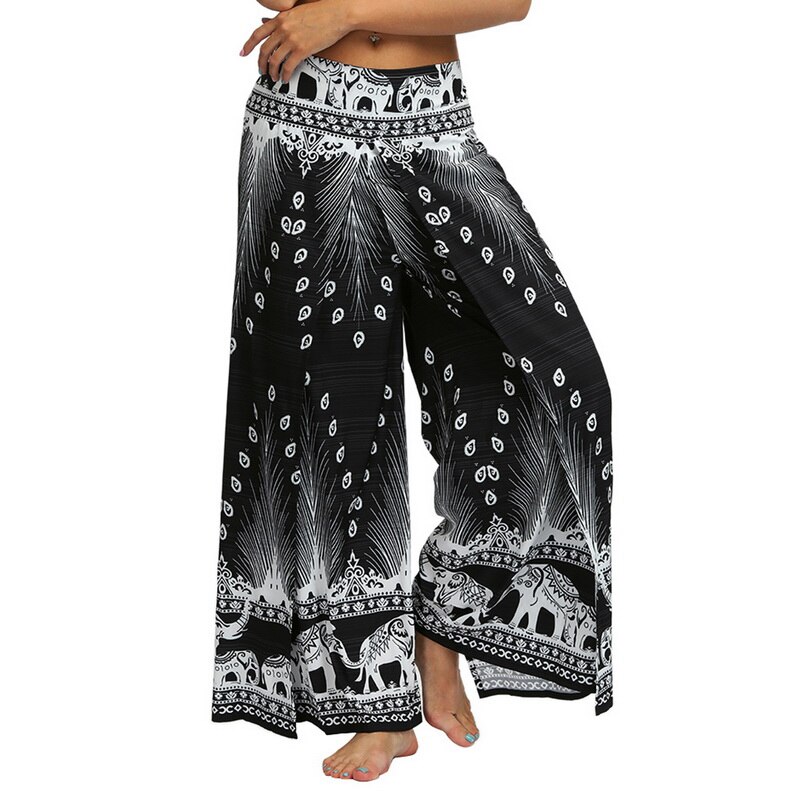 Womens Palazzo Slit Wide Leg Pants Summer Casual Beach Boho Print Pants Plus Size High Waist Gym Yoga Pants Sweatpants: 9 / L-XL