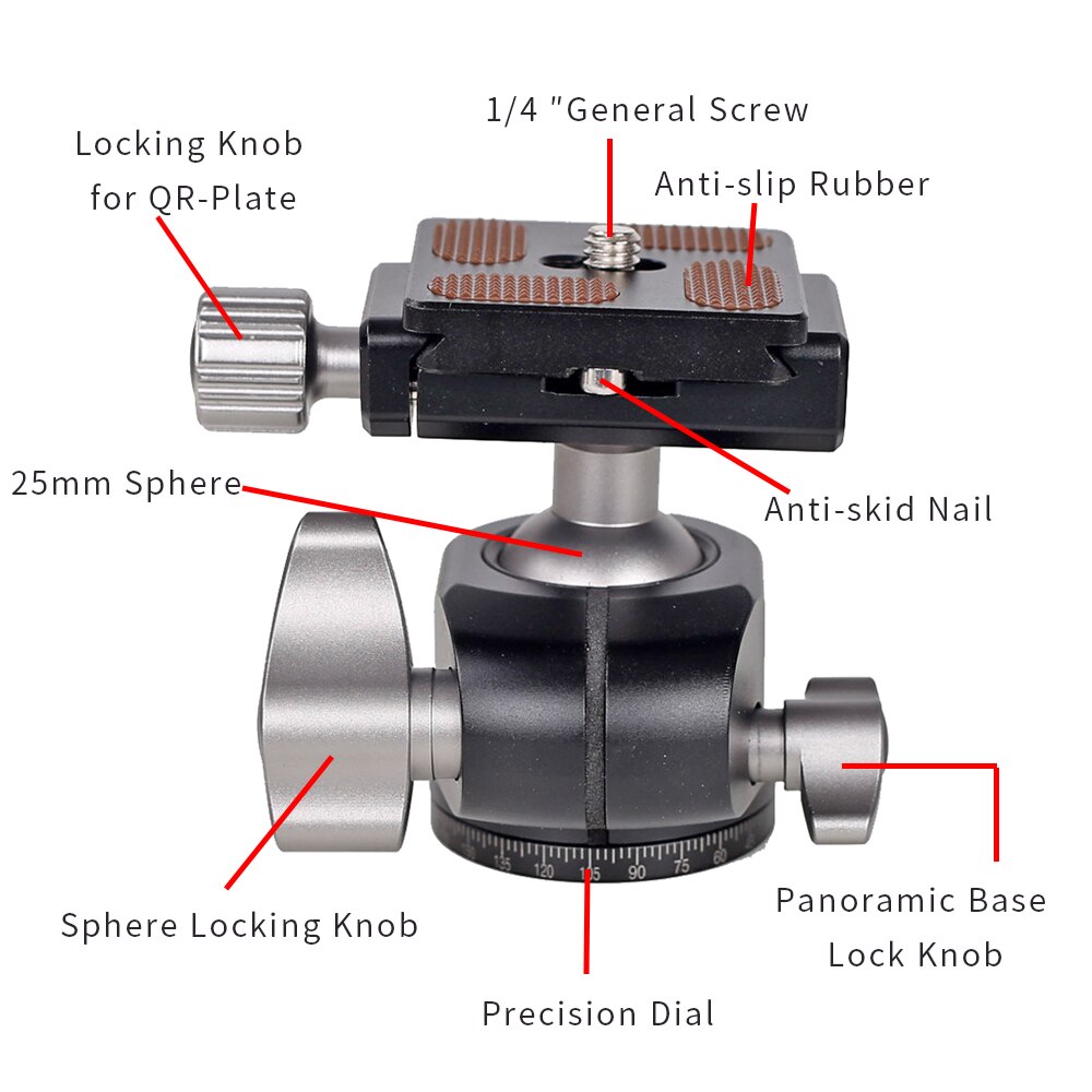 XILETU XG-25 Camera Panoramic Tripod Ball Head 360 Degree Quick Release Ballhead Mount Aluminum Alloy Ball Head With 1/4 Screw