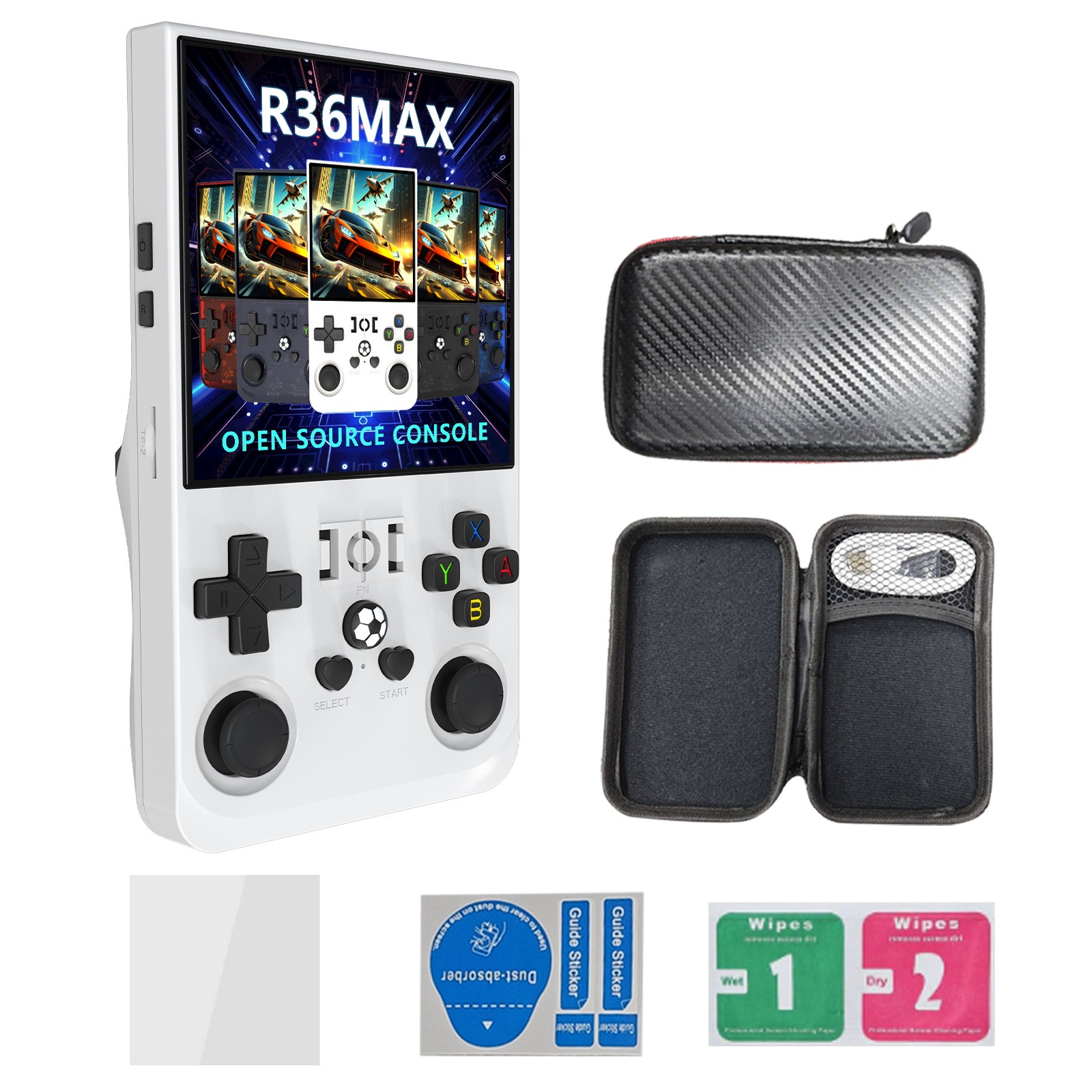 Console de jeu Portable rétro R36 MAX, écran IPS de 4.0 pouces, 64 128 go, lecteur vidéo de poche, prend en charge 30 + émulateurs, 20000 + vermas: WHITE / Bundle 1