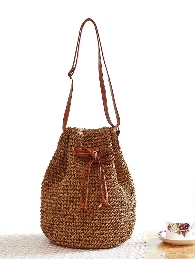 Mochila tejida de paja de para mujer, bandoleras de verano para adolescente, bolso de viaje para mujer, Mochila para libros: Marrón