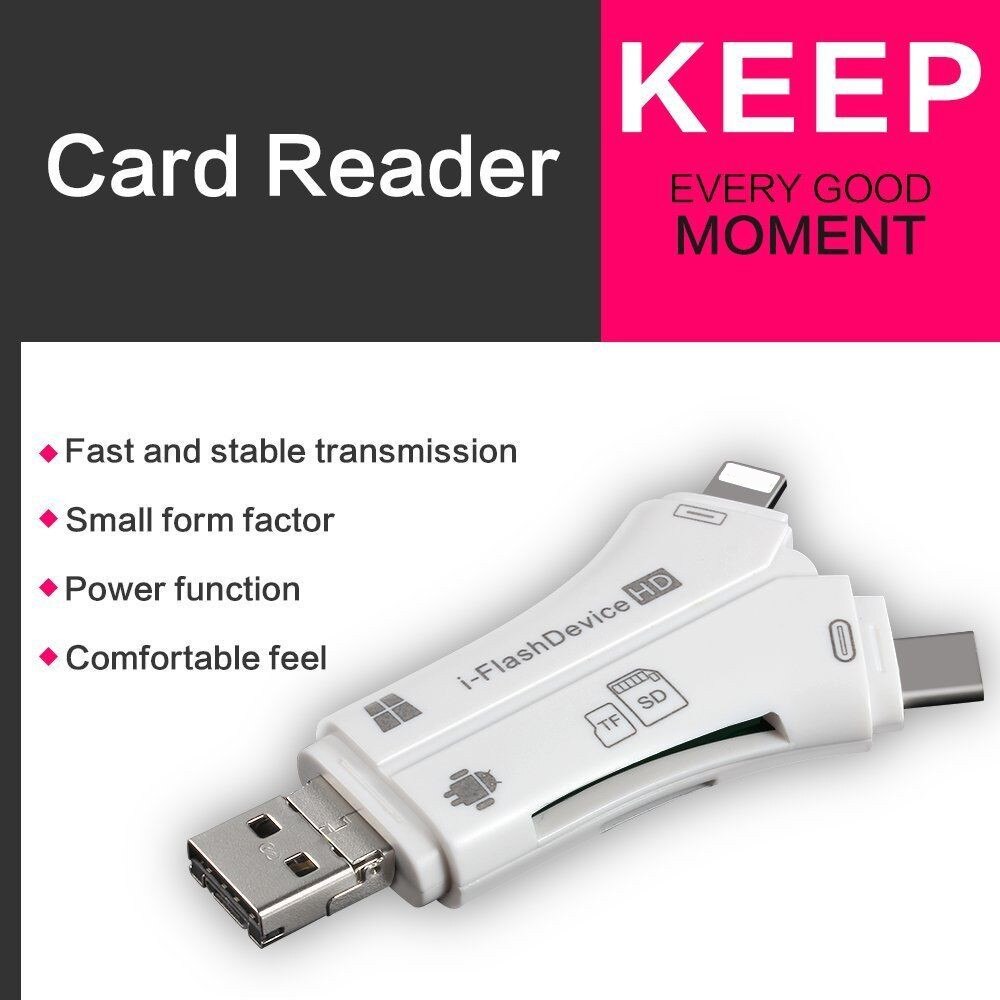 4 in 1 sd kortleser usb micro sd&tf kortleser adapter for iphone ipad mac android kamera gratis belysning og type-c utvidere
