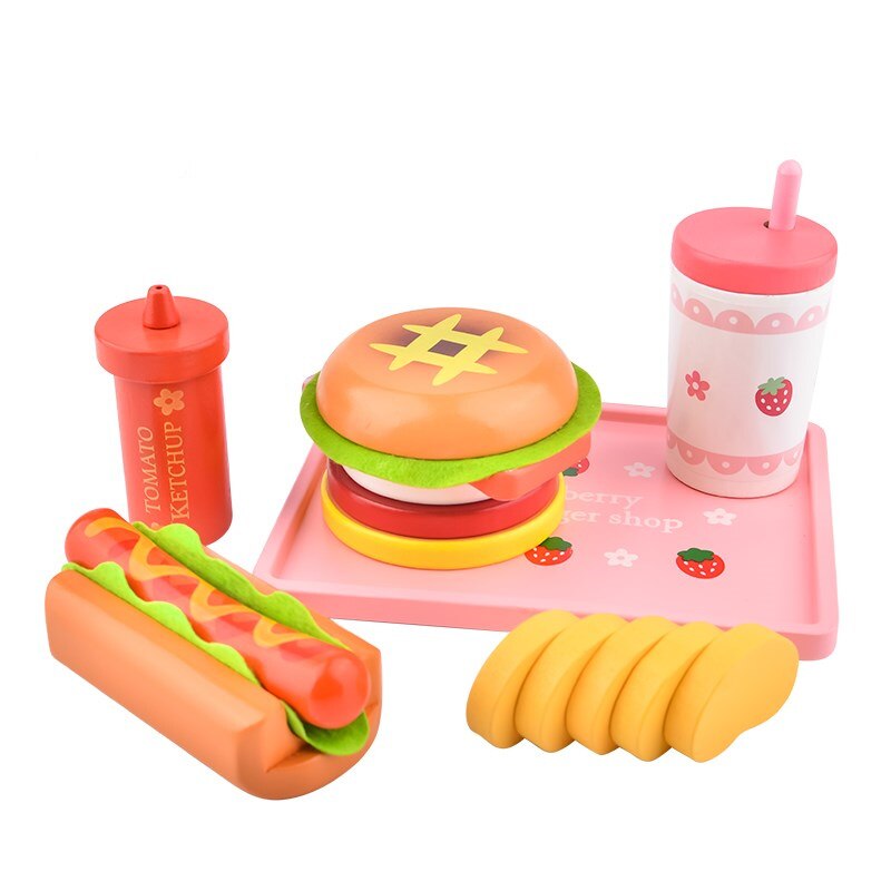 Baby Speelgoed Aardbei Simulatie Hamburger Frieten Houten Speelgoed Voor Kinderen Dog Set Kicthen Voedsel Speelgoed Educatief