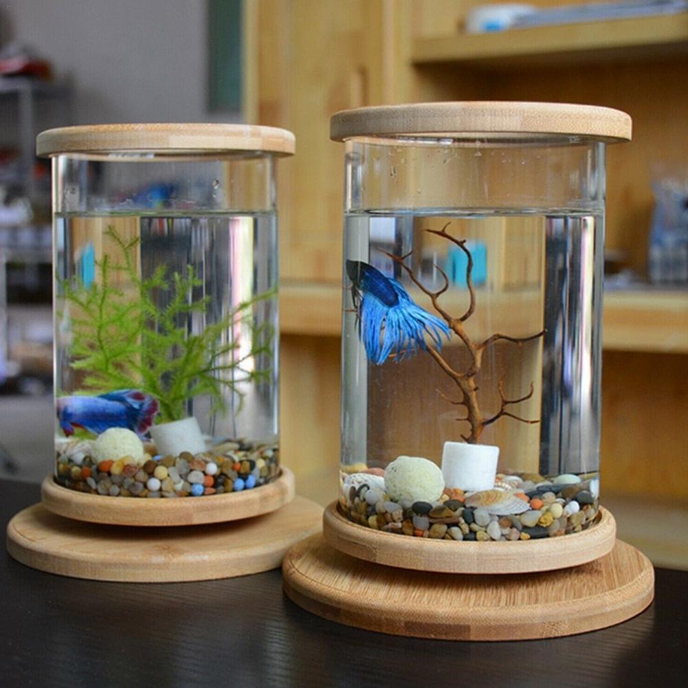 Mini pecera de vidrio con Base de bambú, decoración giratoria de pecera, botella ecológica, accesorios de Acuario, 1 ud.