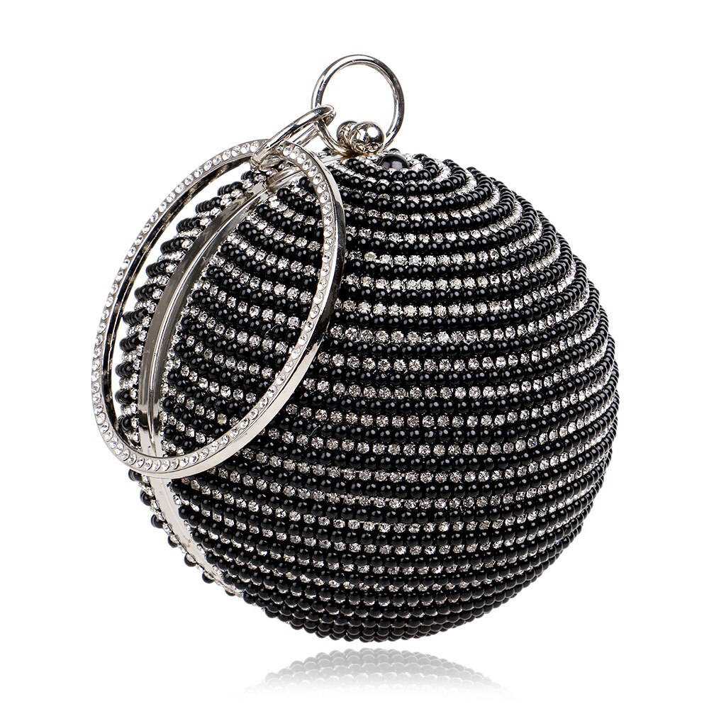 Enkel bröllopsväska glänsande crossbody-väska kvinnor kvinnlig kvällsfest pärla axelväska diamanter cirkel rund väska: Svart