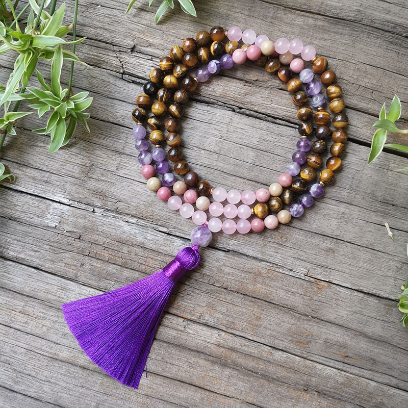 8mm Natural Stone Beads,Tigers Eye Pendant Necklace,Amethyst,Charming Bracelet,Spiritual Power Jewelry,108 Mala Beads: Gold-color