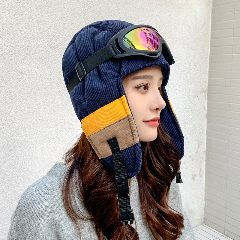 Yqyxcy russische hoed dames winter bomber hoeden met bril gehoorbescherming dikke warme muts gorras russische pet sneeuw gorros