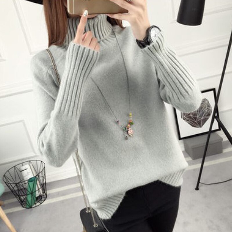 Autumn winter Women Knitted Sweaters Soft Pullovers Turtleneck Long Sleeve Solid Color Slim Elastic Short Sweater Women