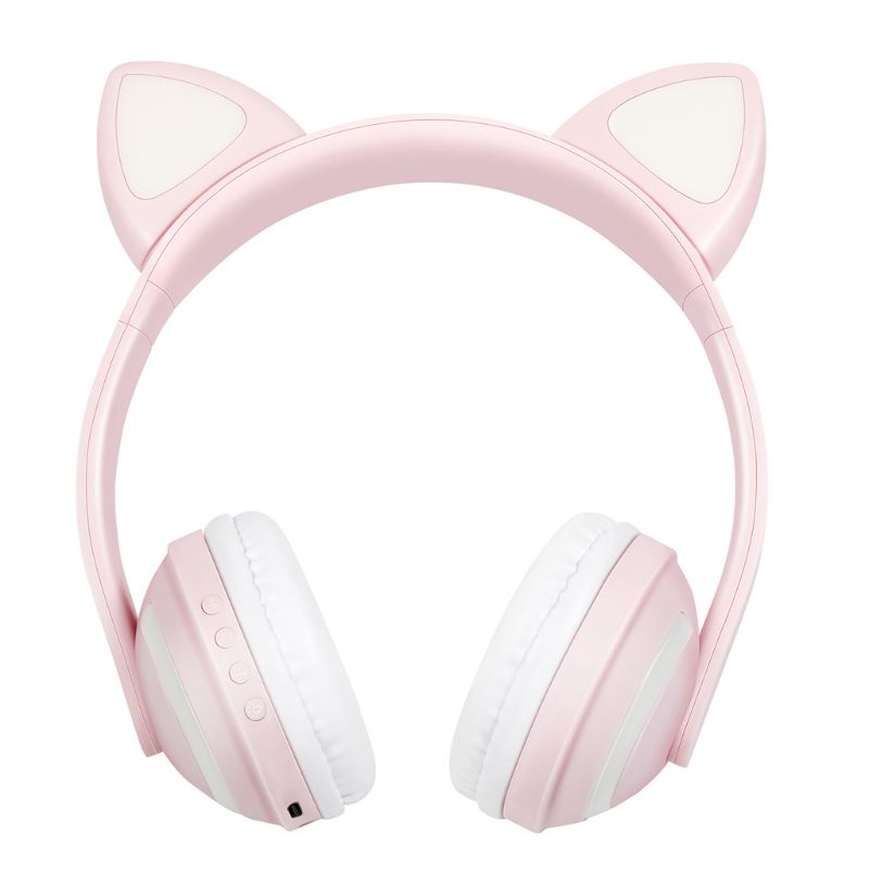 Kat Oor Draadloze Bluetooth Headset 5.0 Roze Leuke Kleurrijke Led Licht Hoofdtelefoon Stereo Geluid Muziek Sport Oortelefoon