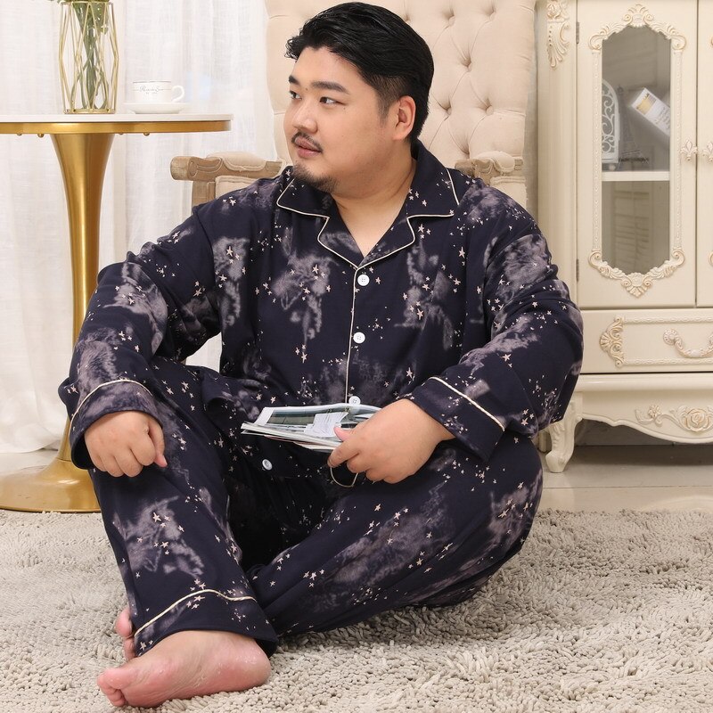 Autumn Men's Plus Fat Large Size Cotton Pajamas Set Male Fat Guy Lapel Long Sleeve Home Wear Pijama Suit Micro-elasticity 5XL