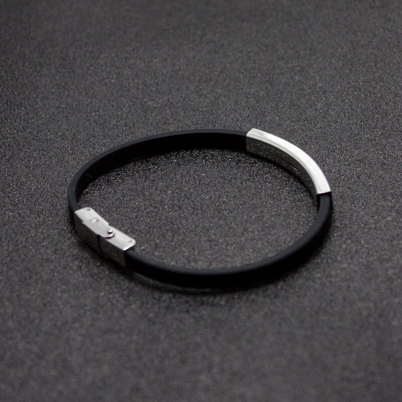 Casual Vintage Handmade Black Rubber Bracelet Silver Color Stainless Steel Bar Silicone Men&#39;s Hand Strap