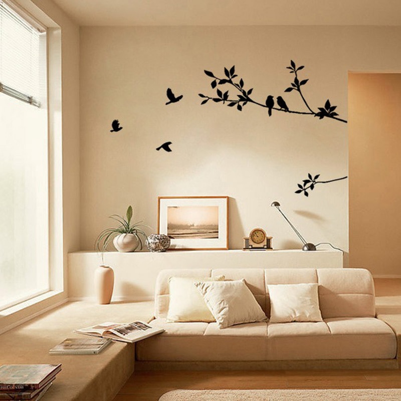 Modern Tree Branch Black Bird And Leaves Art Wall Stickers Removable Vinyl Decal Stickers Home Decoration Living Room: Default Title