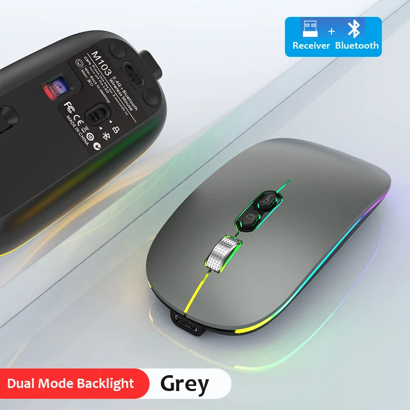 Dual Mode Bluetooth 2.4G Draadloze Muis One-Click Desktop Functie Type-C Oplaadbare Stille Achtergrondverlichting Muizen Voor Laptop Pc Nieuw: GRIJS