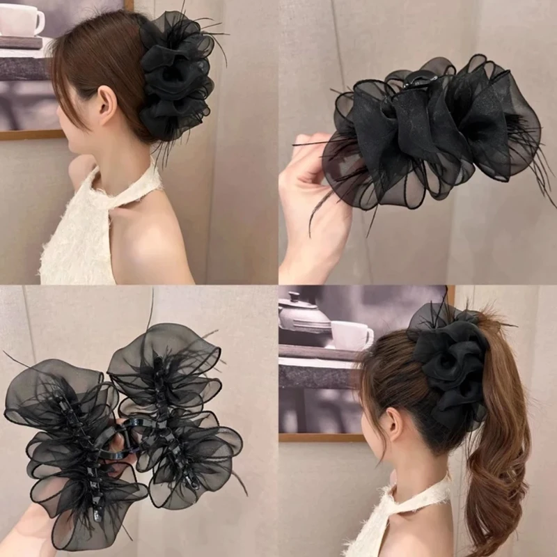 Mesh Bow Grip Clip Women Girls Sweet Black Large Hair Clip Shopping Wedding Daily Hair Claws Hair Accessories