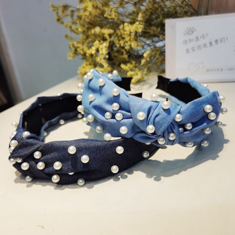 Pearl Hoofdbanden Voor Vrouwen Dames Solid Bow Knoop Kralen Haarband Zoete Elastische Vrouwen Haar Hoofd Hoepel Meisjes Haar Hoofdband