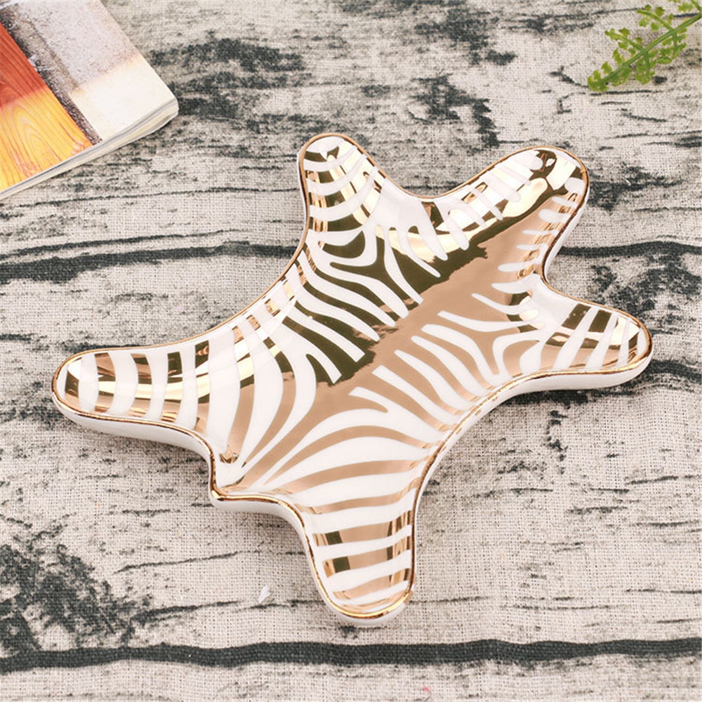 Nordic Gold Tiger Huid Keramische Trays Decoratieve Zebra Kleine Sieraden Schotel Ringen Armbanden Oorbellen Plaat Trays Houder Snack Schotel