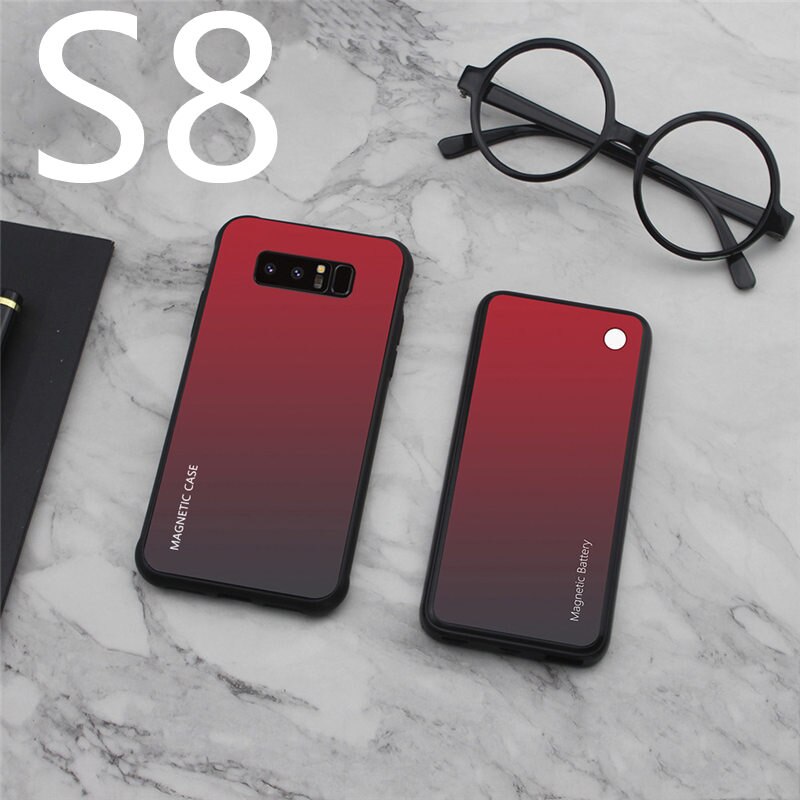 Slim Gradient Tempered glass Magnetic Wireless charger Case For Samsung Galaxy S8 S9 Plus Power Bank Battery Charging Case Cover: S8-Red