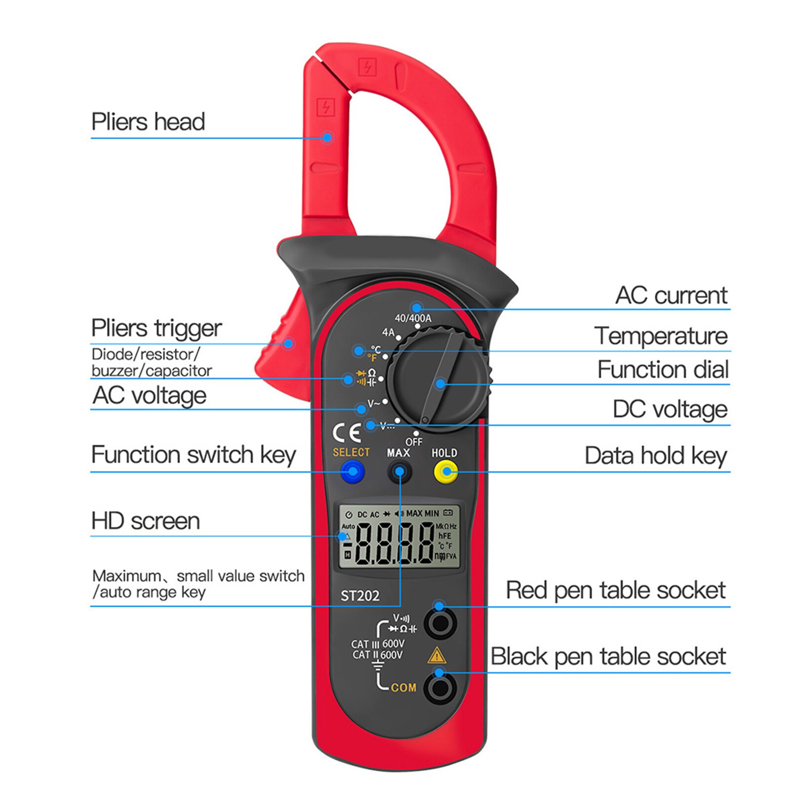ST202 Digitale Clamp Multimeter Widerstand Ohm Transistor Tester AC/DC Strom Voltmeter Lcr Clamp Meter mit Temperatur