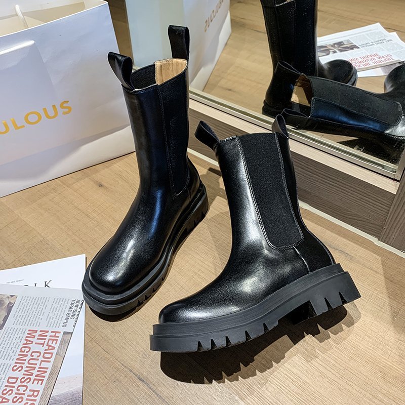 Damesko korte damestøvler chelsea platformstøvler bottine femme kort bootie slip-on udvendig sko botas mujer: Mellemrør / 40
